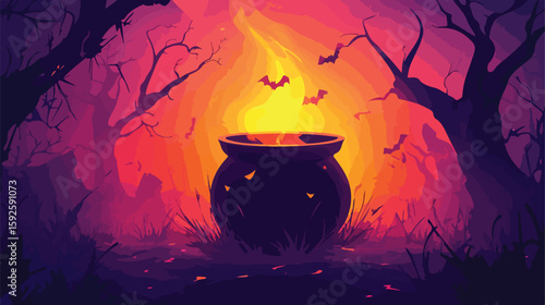 Halloween spell pot flat vector illustration