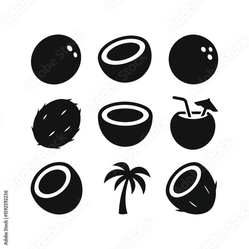 Coconut silhouette icon pack isolated on white background