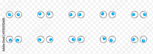 A set of plastic toy eyes. Glossy, bulging, puppet eyes. Cute, round, vector, isolated elements. Look down, up, left, right. Different, shaking, silly, hilarious pairs of eyeballs. Vector illustration
