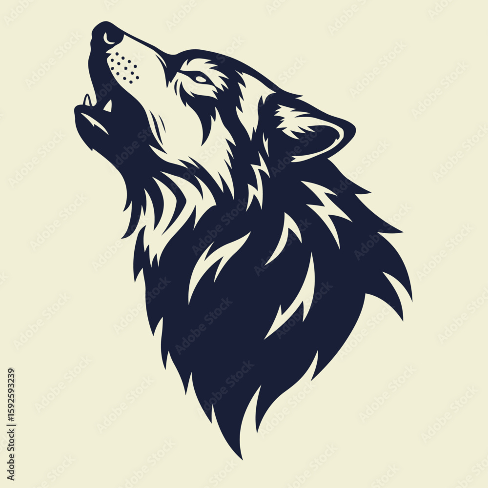 Fototapeta premium Dark Blue Silhouette of Howling Wolf Head in Side-Back View.