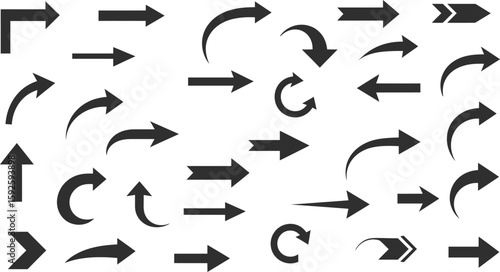 Collection of vector arrow icons: a diverse set of black arrows pointing in various directions, perfect for web design elements and business illustrations
