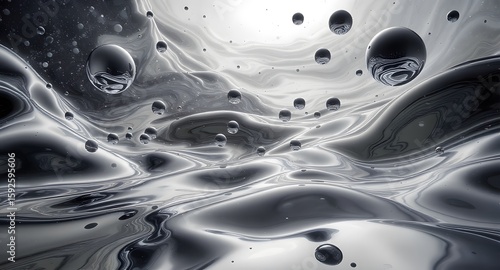 Abstract digital artwork depicting floating spheres and reflective surfaces in grayscale tones. The scene evokes a sense of surrealism with its smooth textures and depth.