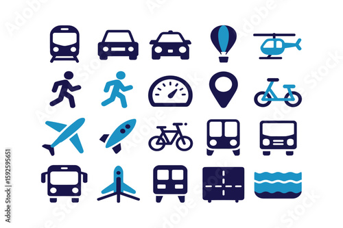 Set of vector transportation icons including car, truck, bus, train, taxi, van, ship, cargo, airplane, and delivery vehicles, isolated on a gray background
