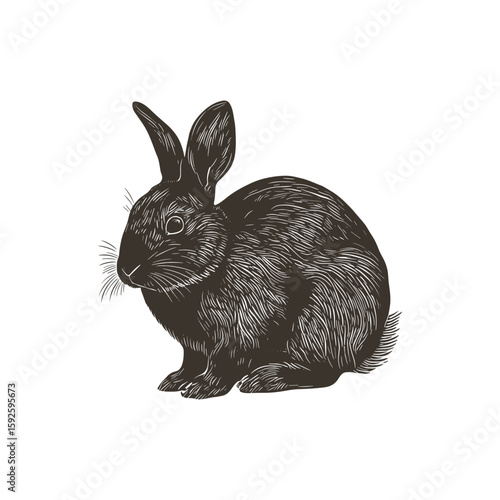 Vector engraved illustration of a rabbit with detailed fur texture and expressive features. Captures the essence of a rabbit in a stylized form, perfect for design projects, prints, and more.