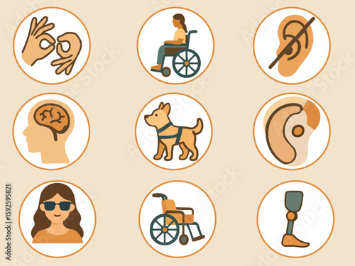 The image shows a set of disability icons, including a guide dog, wheelchair, prosthetic leg, hearing aid, sign language gesture, brain, and a person with visual impairment.