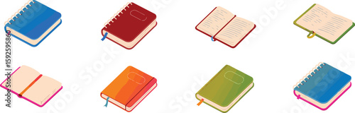 Colorful notebooks and open books with bookmarks closed journal vector bundle collection set pack template elements icons clipart illustration editable flat minimal modern banner poster png eps png, p