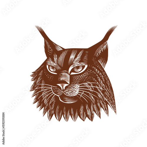 Detailed engraved vector illustration of a lynx head showcasing detailed line art and intricate fur patterns. The focus is on the lynx's alert expression and unique furry features.
