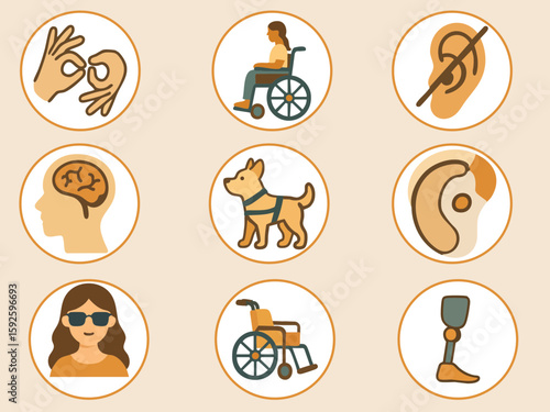 The image shows a set of disability icons, including a guide dog, wheelchair, prosthetic leg, hearing aid, sign language gesture, brain, and a person with visual impairment.