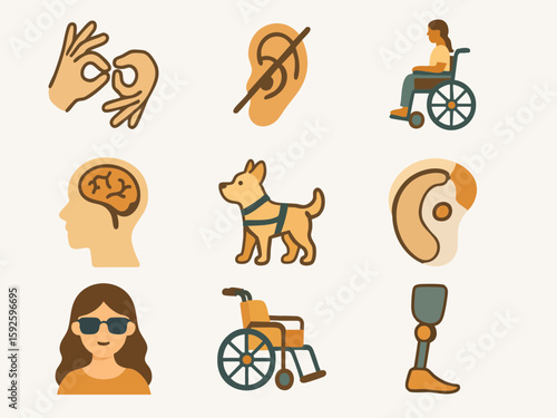The image shows a set of disability icons, including a guide dog, wheelchair, prosthetic leg, hearing aid, sign language gesture, brain, and a person with visual impairment.