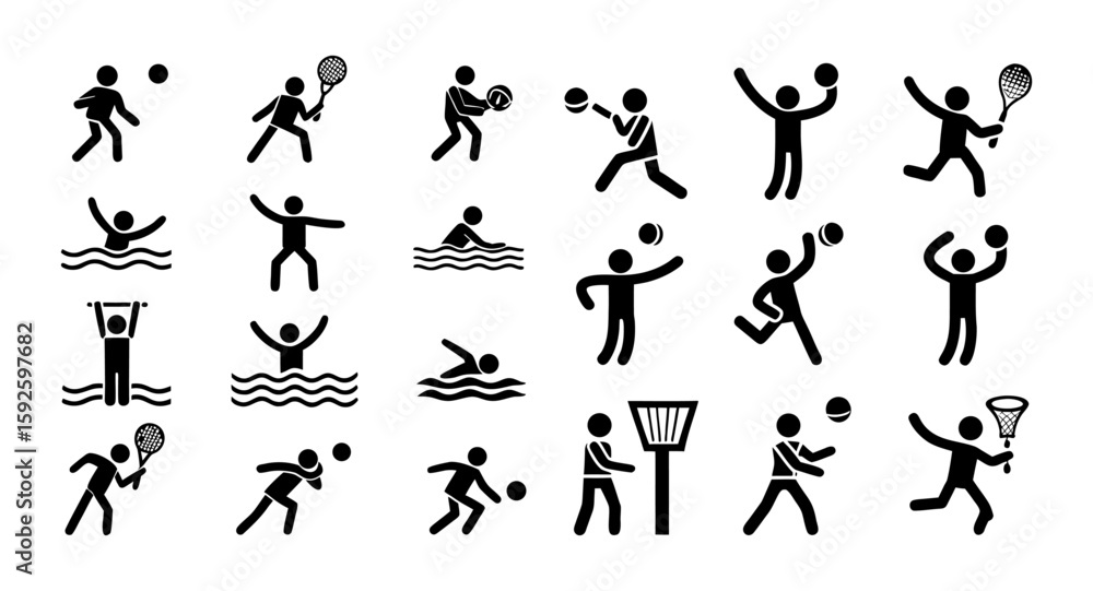 Naklejka premium Sports Silhouette Vector Set – Dynamic Black Silhouettes of Basketball Dunk, Soccer Kick, Tennis Serve, and Swimming Pose for Athletic and Action Design