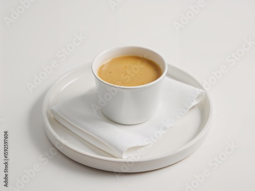 Elegant Still Life of Takeaway Soup Cup with White Napkin on Plate, a Clean and Minimalist Composition for Culinary or Lifestyle Concepts