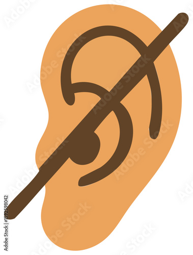 A flat vector icon of an ear with a diagonal line crossing through it, symbolizing hearing impairment or deafness.