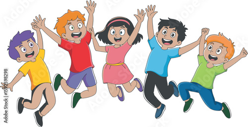Illustration of five cartoon children jumping with joy and excitement with their arms raised high