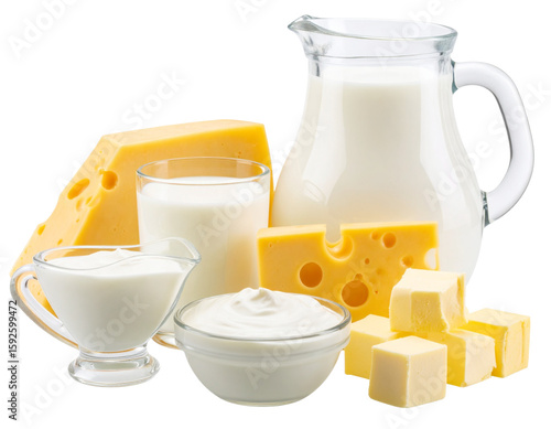 Variety of Dairy Products Including Milk Jug, Cheese Blocks, and Yogurt Cup Isolated on Transparent Background PNG