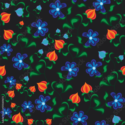 Folk art floral eastern blooms white smoke electric blue sunset orange
