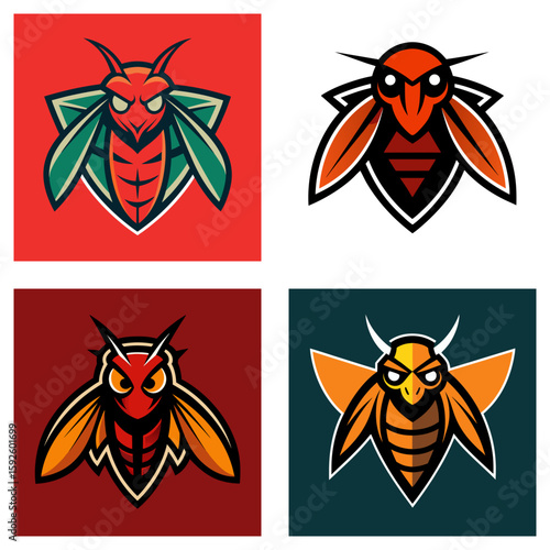 Collection of four stylized hornet or wasp logos with different color schemes and background shapes