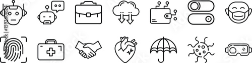 thin line icons set with ai, health, cloud, handshake and umbrella