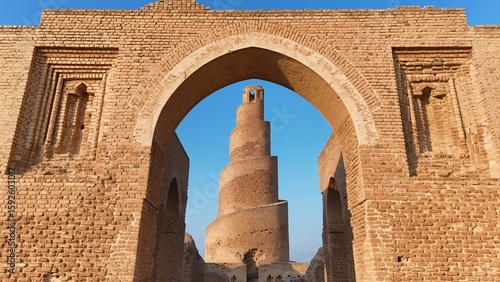 Tableau sur toile Historic view of Abu Dulaf Mosque in Samarra, Iraq, featuring its iconic spiral minaret and vast Abbasid-era architecture surrounded by desert landscape