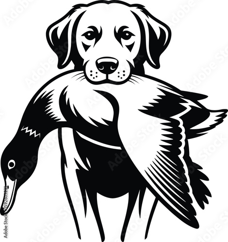 Illustration of a silhouette dog holding a duck in its mouth vector illustration