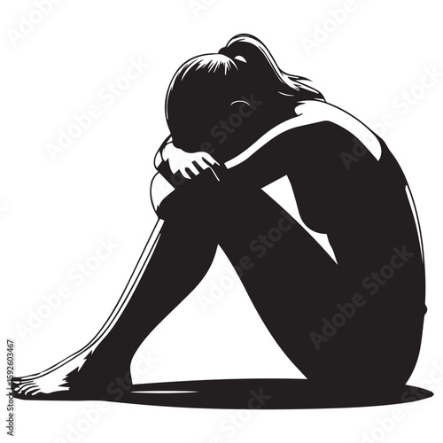 Silhouette of a woman curled up in a fetal position conveying feelings of sadness despair or introspection on a white background