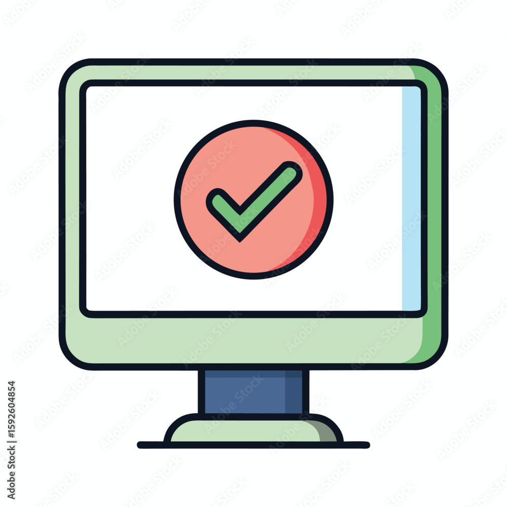 Computer monitor displaying a completed task with a green checkmark Computer monitor displaying a completed task with a green checkmark