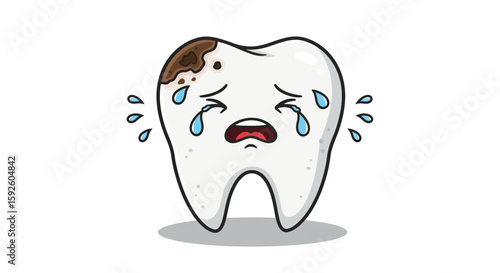 Cartoon of a Sad Tooth with Cavities Illustration