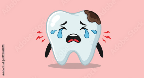 Cartoon of a Sad Tooth with Cavities Illustration