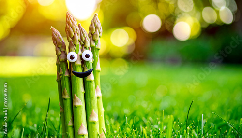 Fun and Healthy Garden - ASPARAGUS with big cheerful eyes and a smile against the background of a green lawn in the garden