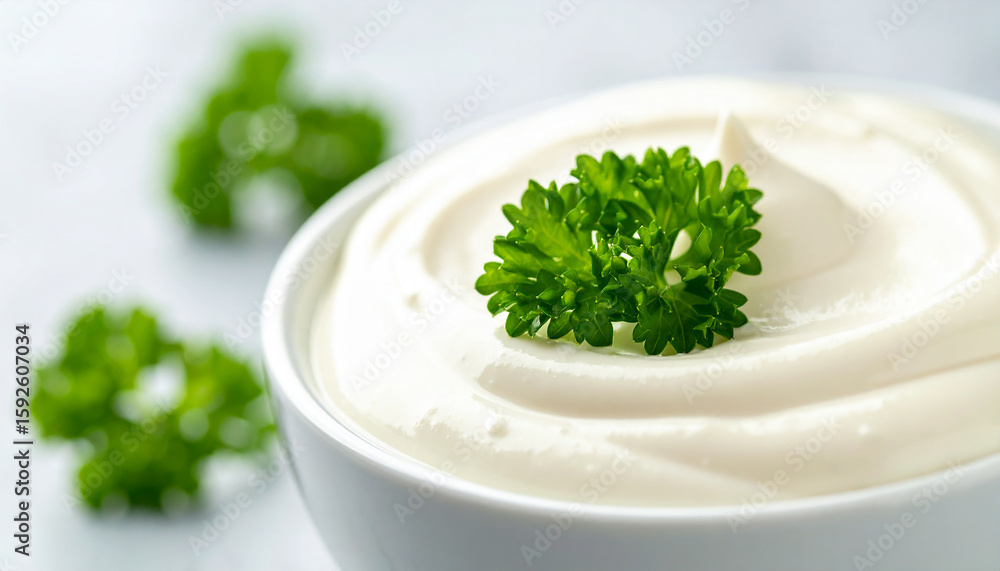 Fototapeta premium Delicious creamy white dip. Tasty sauce with fresh parsley. Cooking and culinary concept.