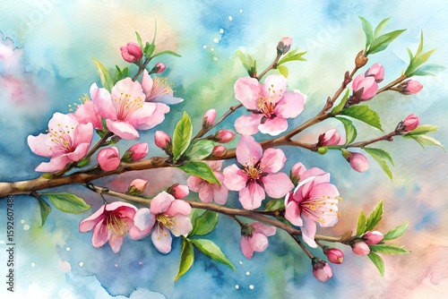 Watercolor Painting of a Flowering Cherry Branch