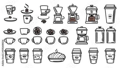 Hand-drawn coffee set presents a delightful range of cups, beans and makers, ideal for crafting cozy menus or café-related designs.