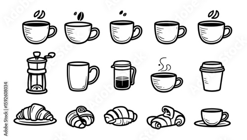 Hand-drawn coffee set presents a delightful range of cups, beans and makers, ideal for crafting cozy menus or café-related designs.