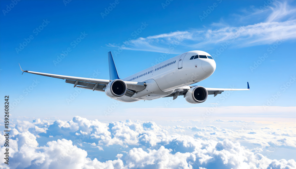 White Airplane Soaring Above Fluffy Clouds in a Blue Sky White Airplane Soaring Above Fluffy Clouds in a Blue Sky