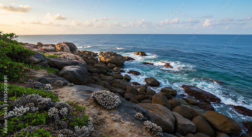 Coastal landscape with rocks, ocean waves, and a vibrant sky at sunset Coastal landscape with rocks, ocean waves, and a vibrant sky at sunset