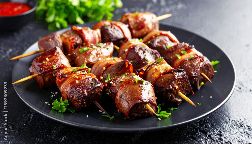 Chicken liver with bacon on skewers, selective focus. AI Chicken liver with bacon on skewers, selective focus. AI