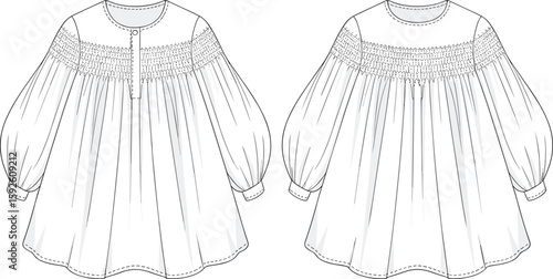 Smocked dress fashion sketch with front buttons, cuffed long sleeves, collar and pockets, cad drawing flat vector illustration template