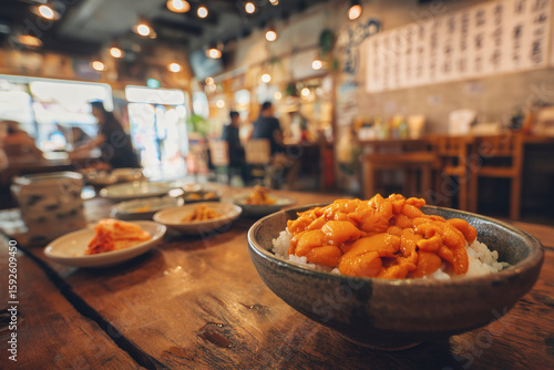 Delicious uni donburi bowl on a wooden table in a warm restaurant setting, awaiting to be enjoyed.