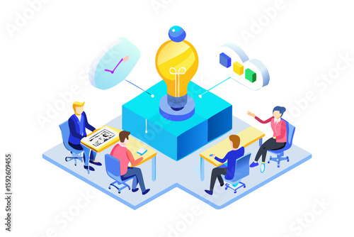 Brainstorming Isometric Icon Concept and Three Dimensional Design. Meeting, Light Bulb, Ideas, Creativity.