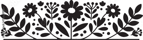 Scandinavian folk floral motif, horizontal divider with symmetrical daisies and leaves, Adobe Illustrator Artwork
