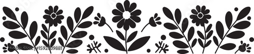 Scandinavian folk floral motif, horizontal divider with symmetrical daisies and leaves, Adobe Illustrator Artwork