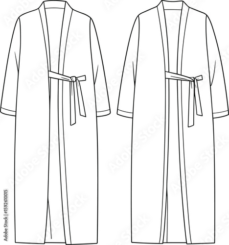 Long sleeve belted robe fashion sketch, front and back view, flat vector cad drawing illustration, garment template, clothing design layout