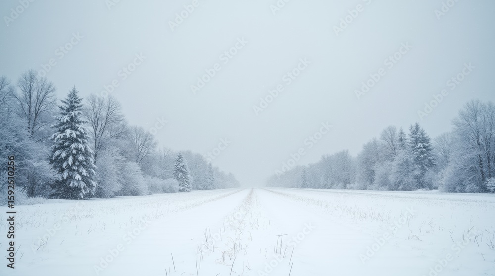 Obraz premium Thick snowflakes falling over a wide open field, ground covered in fresh snow, moody winter sky overhead.