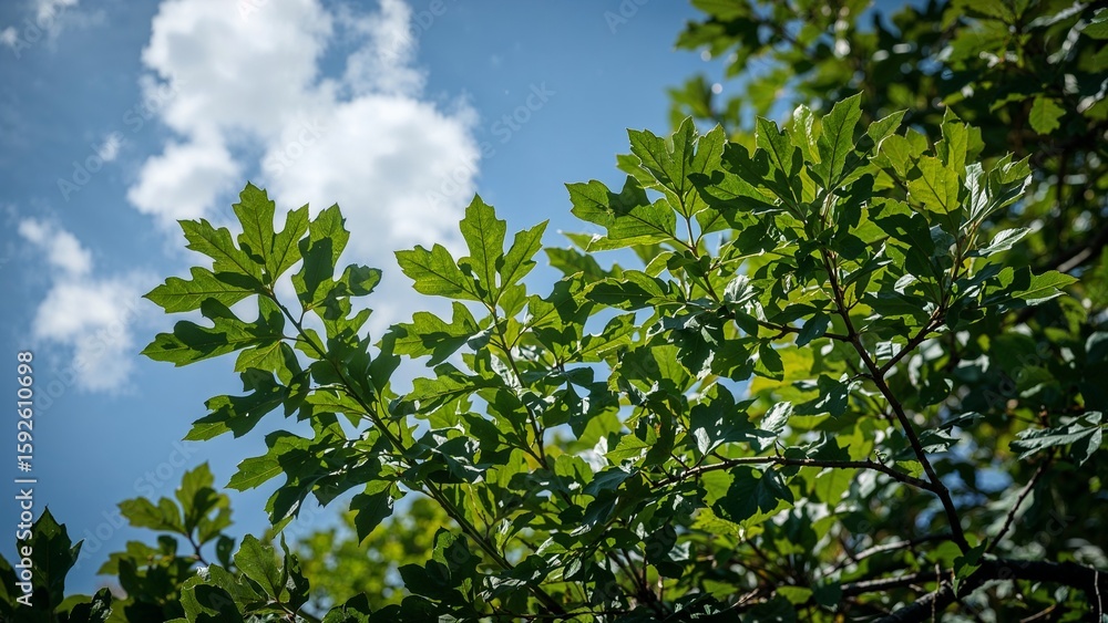 Fototapeta premium Lush green foliage against a bright blue sky.