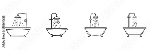 Bathtub And Shower Icon Set. Bathroom Fixtures And Design Elements Collection. Isolated Vector Illustration