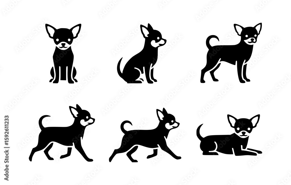 Fototapeta premium Silhouette of six distinctively positioned chihuahua dogs. The image is a collection of black silhouettes, capturing the dogs in varied postures