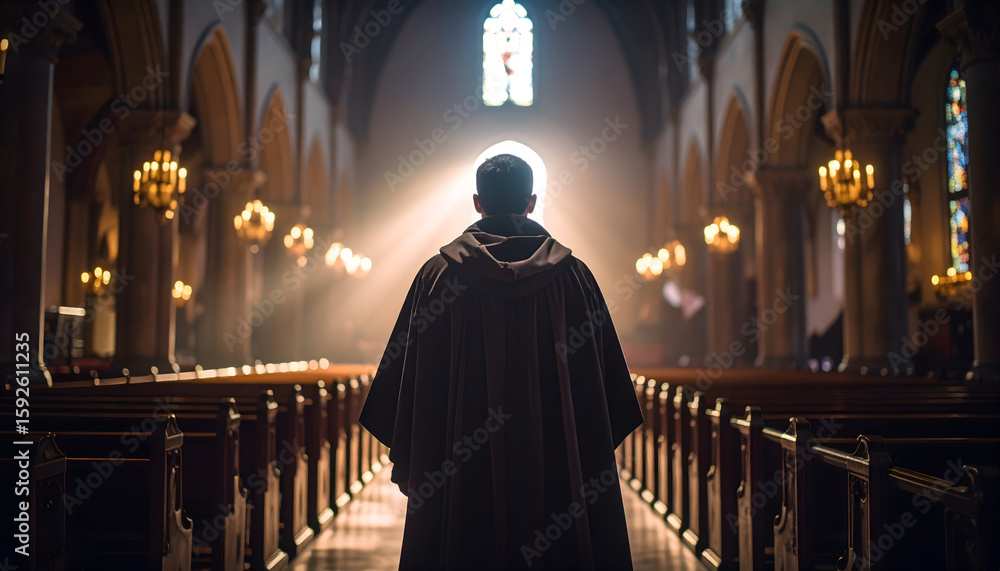 Naklejka premium Silhouette Of A Monk Praying In A Church