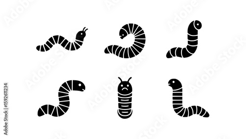 A collection of various cute worm illustrations in black and white