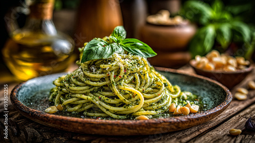 A plate of pesto pasta topped with basil leaves and pine nuts on a rustic wooden surface setting