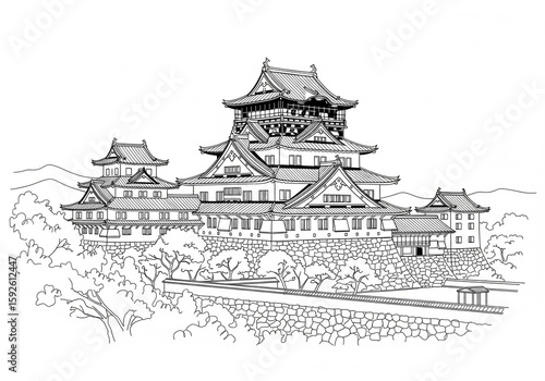 Nijō Castle (二条城) in Japan one line drawing style