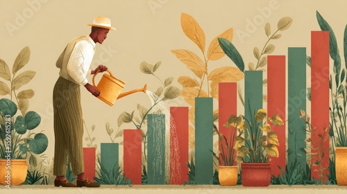 Man watering plants, growing bar graphs